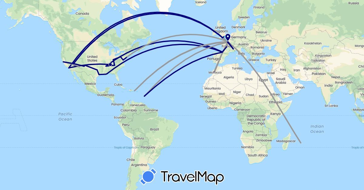 TravelMap itinerary: driving, plane, boat in Dominican Republic, Spain, France, United Kingdom, Morocco, Mauritius, United States (Africa, Europe, North America)